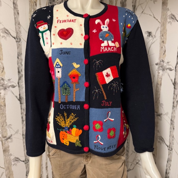 Vintage Rainbow Bridge Embroidered Calendar Cardigan Sweater Size Small - Picture 2 of 16